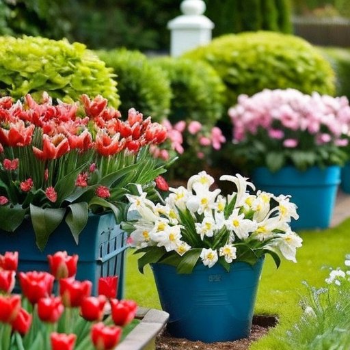 Яркий весенний сад с тюльпанами, нарциссами и гиацинтами в полном цвете.