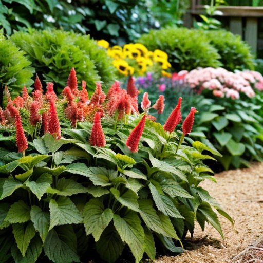 Яркий цветник с цветущими астильбами на фоне зелёной листвы и солнечного света.