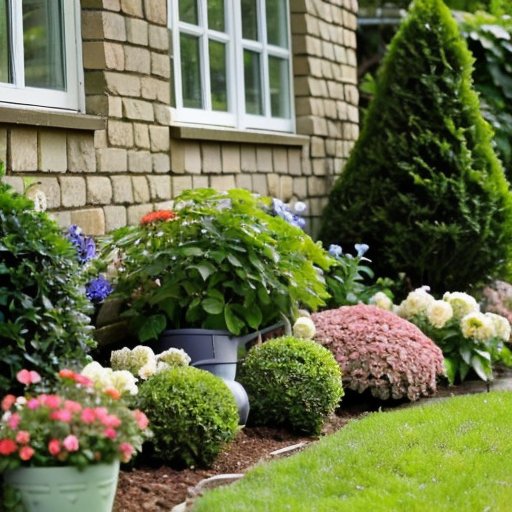 Весенний сад с кустарниками, поливочным ведром и шлангом, свежая зелень и цветы.