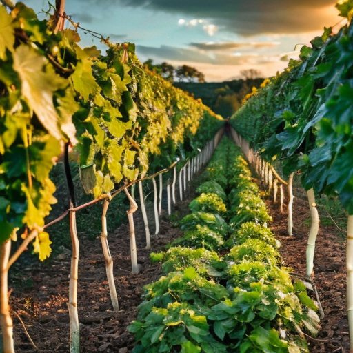Весенний виноградник с аккуратно обрезанными лозами, зелеными листьями и новыми гроздьями винограда под голубым небом.