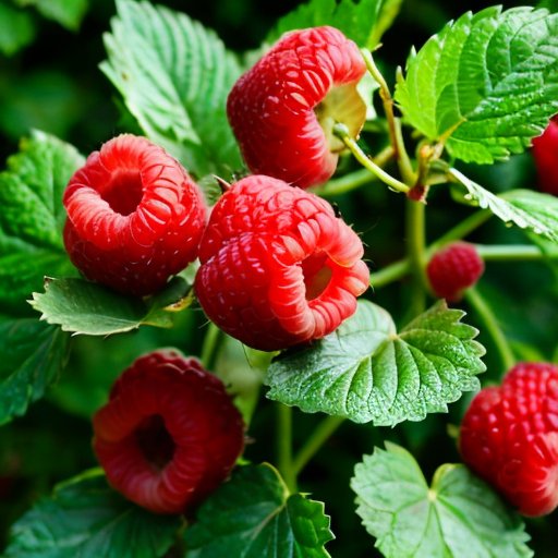 Яркий куст малины с зрелыми ягодами на фоне солнечного сада.