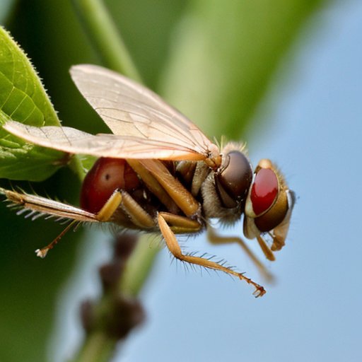 Вишневый сад в цвету с плодами и мухи-вишневая плодожорка на переднем плане.
