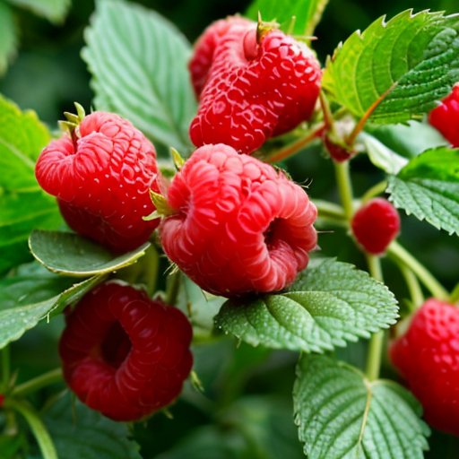 Сад малины с летними и вечными сортами, ягодами разных стадий зрелости и зелеными листьями.