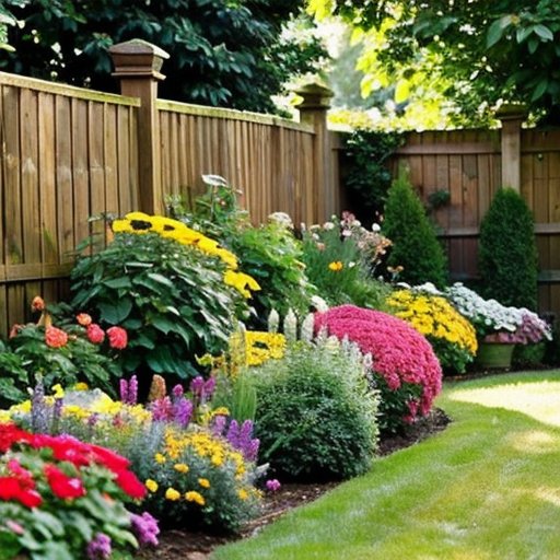 Яркий сад между теплицей и деревянным забором с разнообразными растениями для солнечных и тенистых участков.