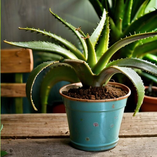 Алоэ вера на деревянном столе с горшком, инструментами и светом из окна.