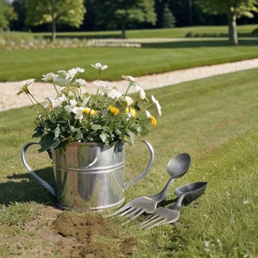 Молодой березовый саженец в ухоженной почве с инструментами для ухода на фоне солнечного неба.