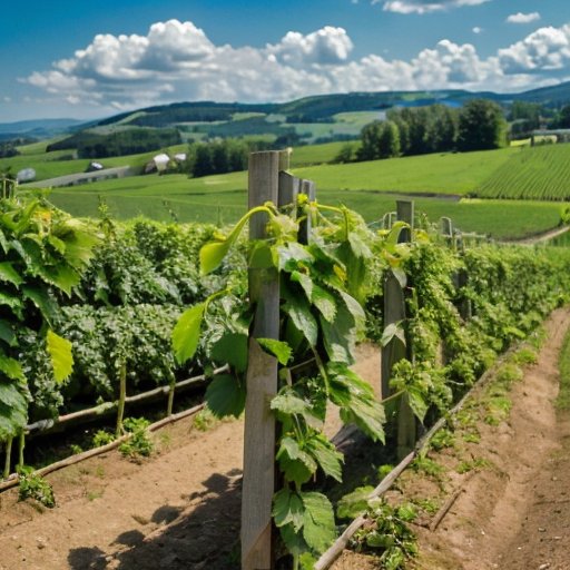 Урожайный хмельной сад с зелеными растениями, деревянный ящик с хмелем на переднем плане, яркое солнце и холмы на фоне.