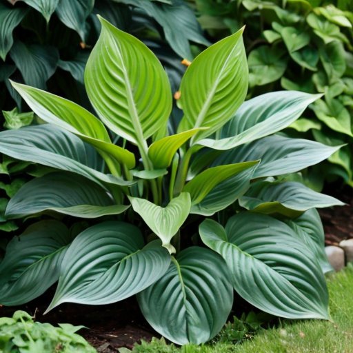 Сад с различными хостами, зелеными и синими листьями, под солнечным светом.