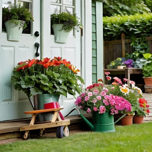 Яркий сад с цветными горшечными лилиями на деревянном патио, рядом с инструментами для садоводства и поливочной каной.