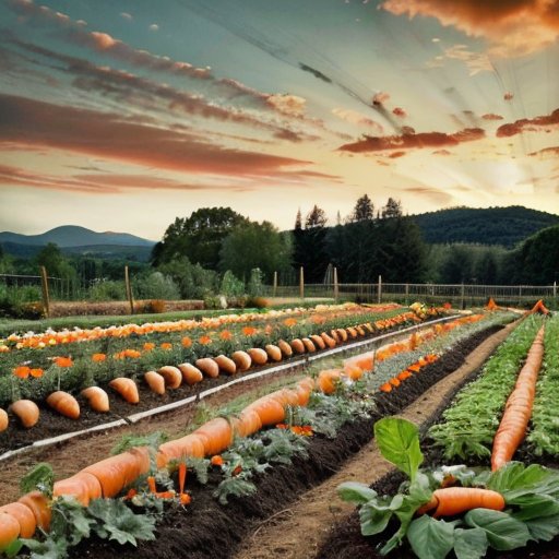 Солнечный овощной сад с рядами здоровых морковных растений и табличкой