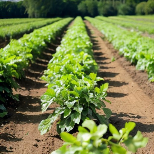 Зеленое поле нутов под ясным небом с инструментами для ухода за растениями.