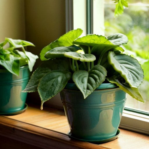 Солнечный подоконник с зелеными огуречными растениями в горшках.