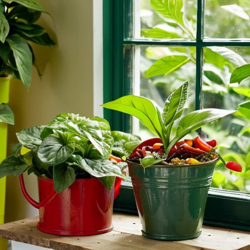 Яркий домашний сад с перцами в цветных горшках, садовыми инструментами и солнечным окном.