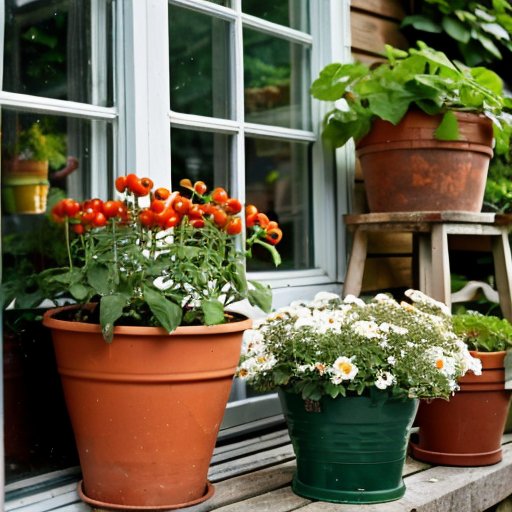 Солнечный подоконник с разнообразными горшечными томатами, зелеными листьями и спелыми плодами, а также садовыми инструментами и поливочным каном.