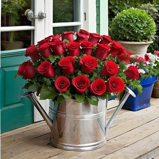 Яркий сад с разноцветными горшками роз на деревянной террасе.