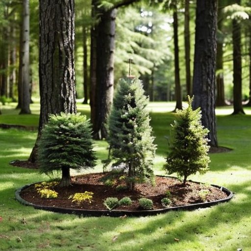 Лес сосен с молодыми саженцами и зрелыми деревьями, солнечное небо и садовые инструменты.