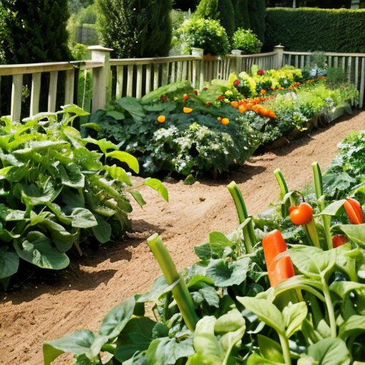 Сочный овощной сад с зелеными бобами, опирающимися на шпалеры, инструменты на переднем плане и ясное небо.