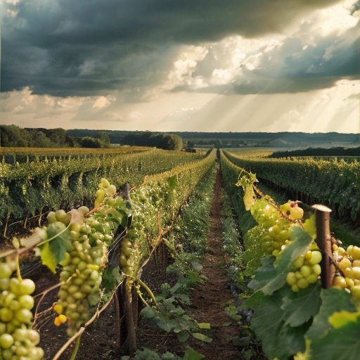 Виноградник в Ленинградской области с гроздьями винограда Изабелла и Лидия на фоне облачного неба.