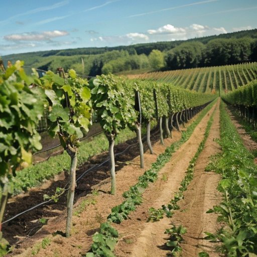 Плодородный виноградник в Подмосковье с зелеными лозами и спелыми гроздьями, на фоне холмов и ясного неба.