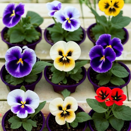 Яркий сад с цветущими фиалками и рассадой в горшках.