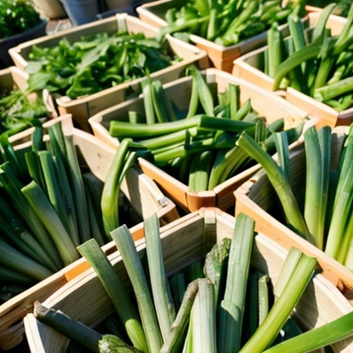 Ферма зеленого лука с яркими рядами растений под голубым небом, ящик с урожаем и садовые инструменты.