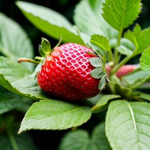 Клубничное растение с зелеными листьями и садовые ножницы на фоне яркого сада.