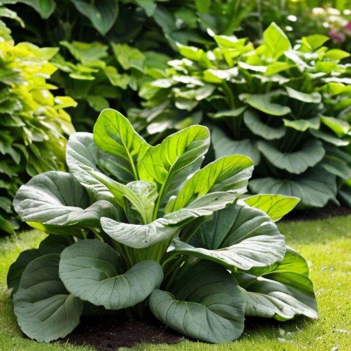 Сад с растениями кроличьей капусты на фоне зелени и спокойного пейзажа.