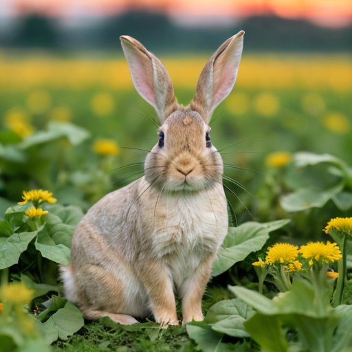 Пышное зеленое поле с различными видами капусты для кроликов, яркие цветы и солнечный свет.