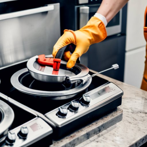 Современная электрическая плита с новым нагревательным элементом, инструменты и средства защиты в чистой кухне.