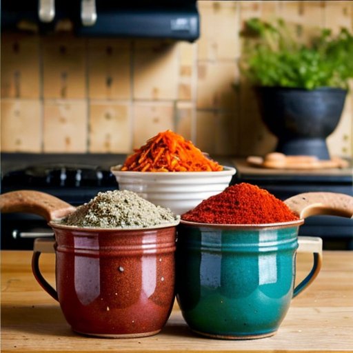 Рустикальная кухня с керамическими горшками, наполненными мясом, овощами и травами.