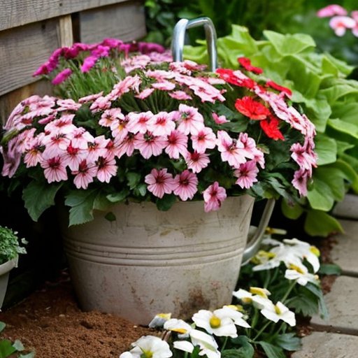 Цветущий сад с разноцветными флоксами, удобренной почвой и инструментами для ухода.