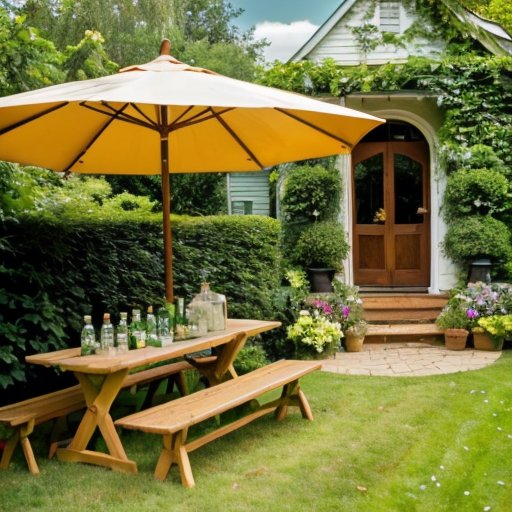 Сад с здоровыми деревьями, инструментами для садоводства и яркой зеленью под ясным небом.