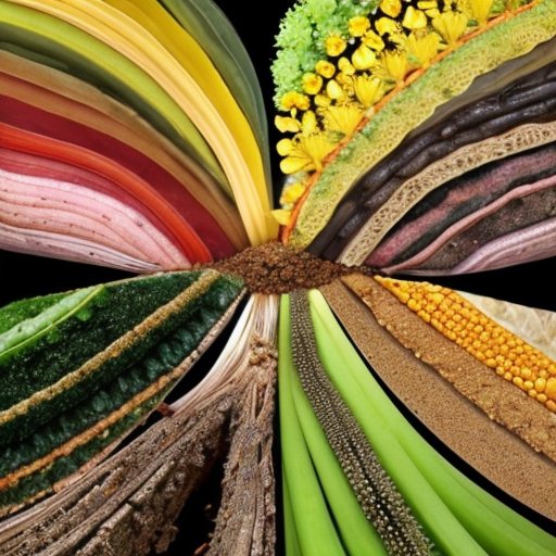 Здоровый почвенный профиль с микроорганизмами, корнями растений и органическими веществами.