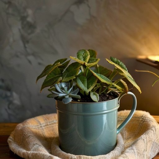 Уютный домашний сад с калибрахоа, зимними элементами и теплым освещением.