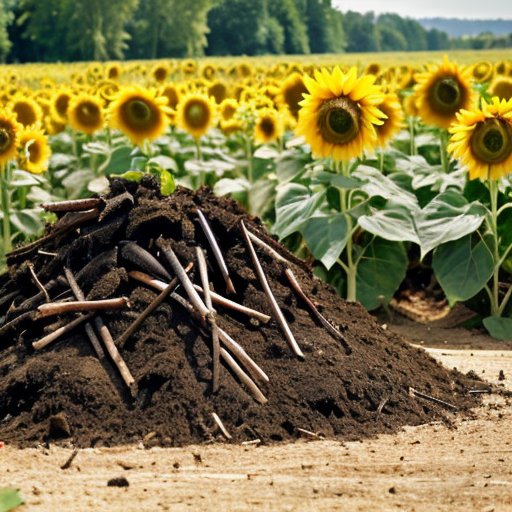 Экологичный ландшафт: поле подсолнухов, близкий план золы подсолнухов на плодородной почве, компостная куча и здоровые растения.